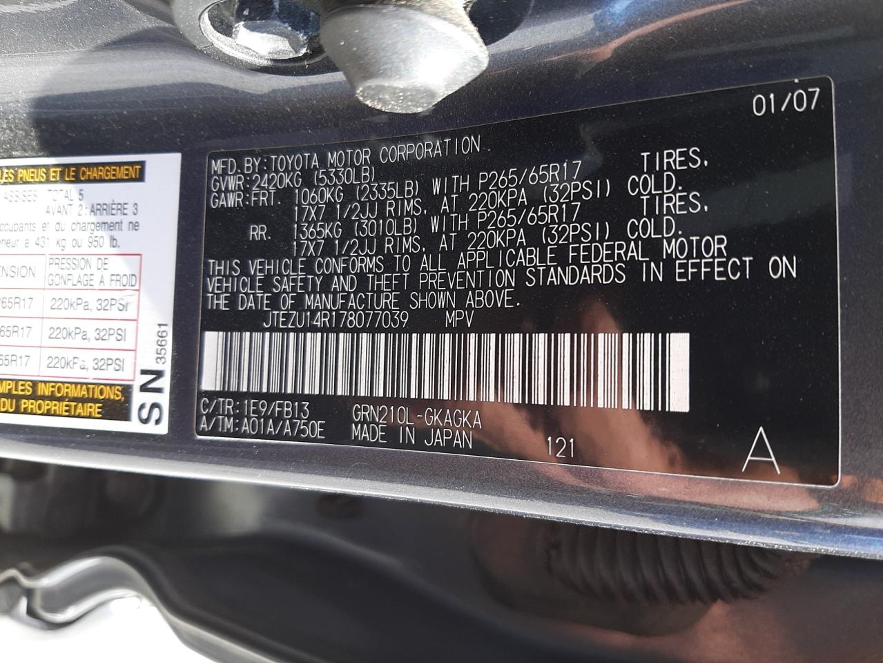 Photo 10 from auction – 2007 TOYOTA 4RUNNER SR with VIN JTEZU14R178077039