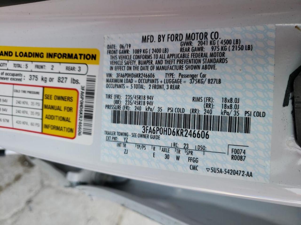 Photo 10 from auction – 2019 FORD FUSION SE with VIN 3FA6P0HD6KR246606