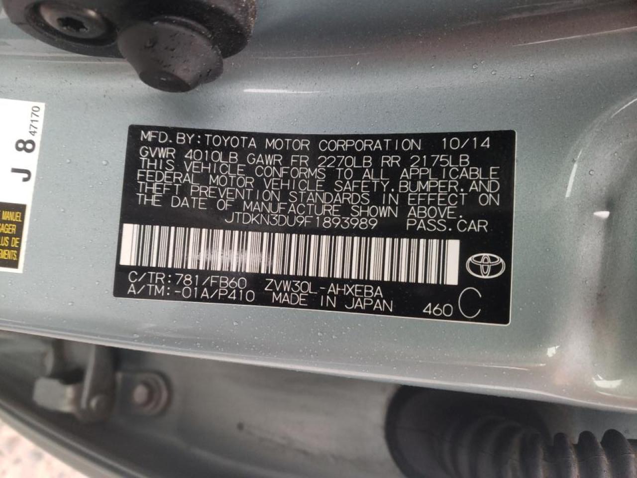 Photo 10 from auction – 2015 TOYOTA PRIUS with VIN JTDKN3DU9F1893989