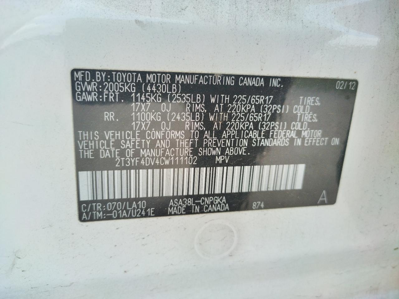 Photo 10 from auction – 2012 TOYOTA RAV4 LIMIT with VIN 2T3YF4DV4CW111102
