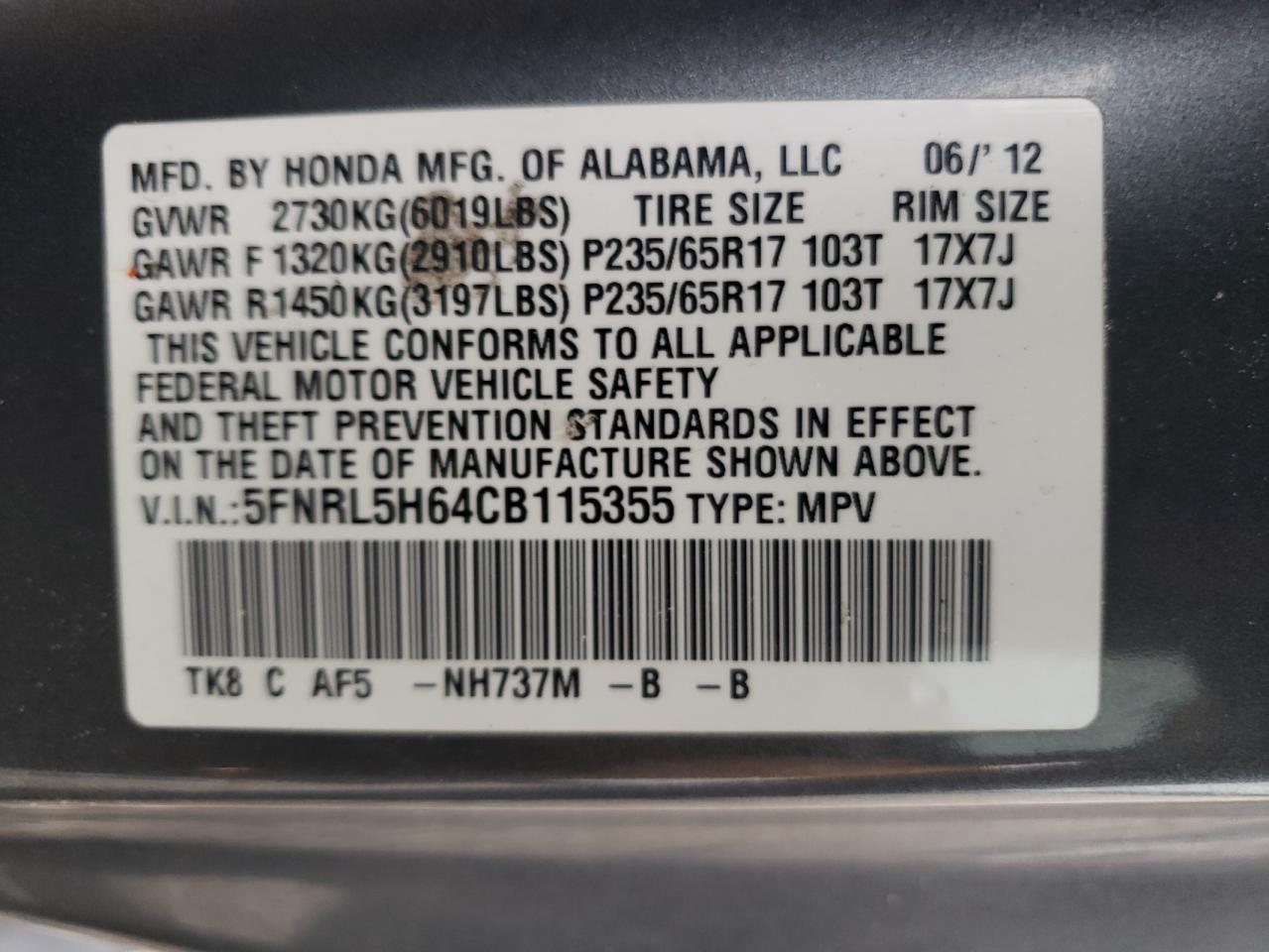 Photo 10 from auction – 2012 HONDA ODYSSEY EX with VIN 5FNRL5H64CB115355