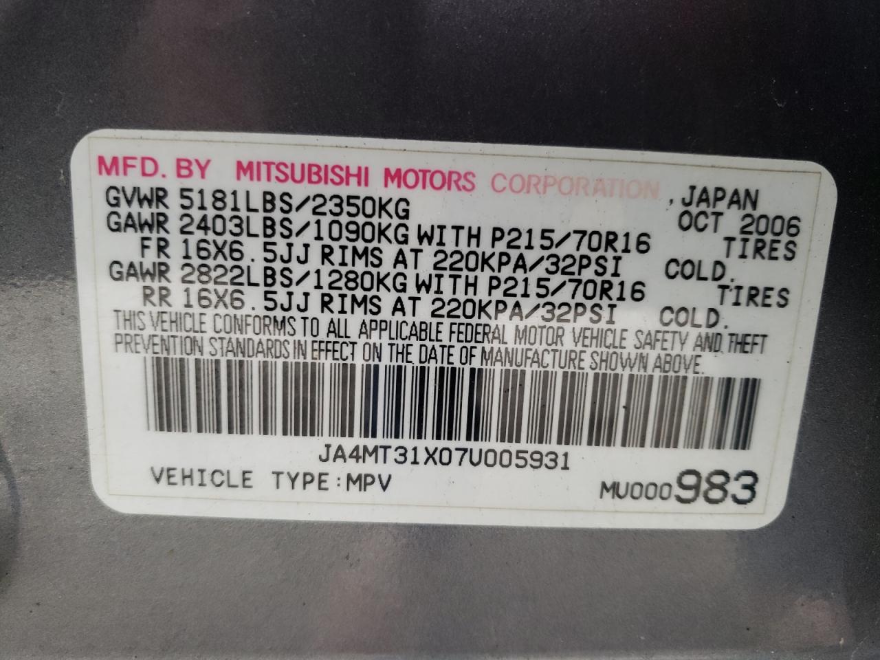 Photo 10 from auction – 2007 MITSUBISHI OUTLANDER with VIN JA4MT31X07U005931