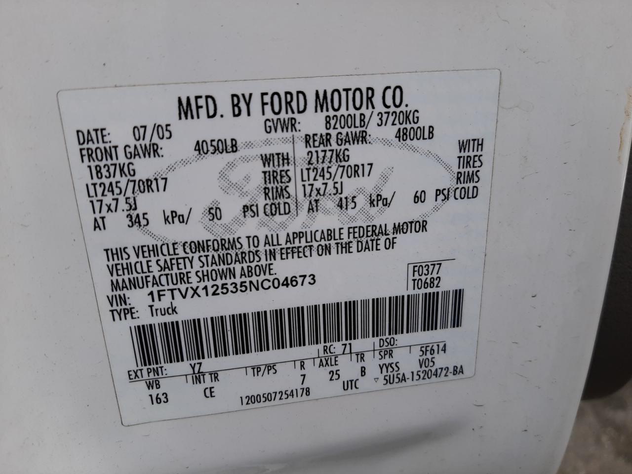 Photo 10 from auction – 2005 FORD F150 with VIN 1FTVX12535NC04673