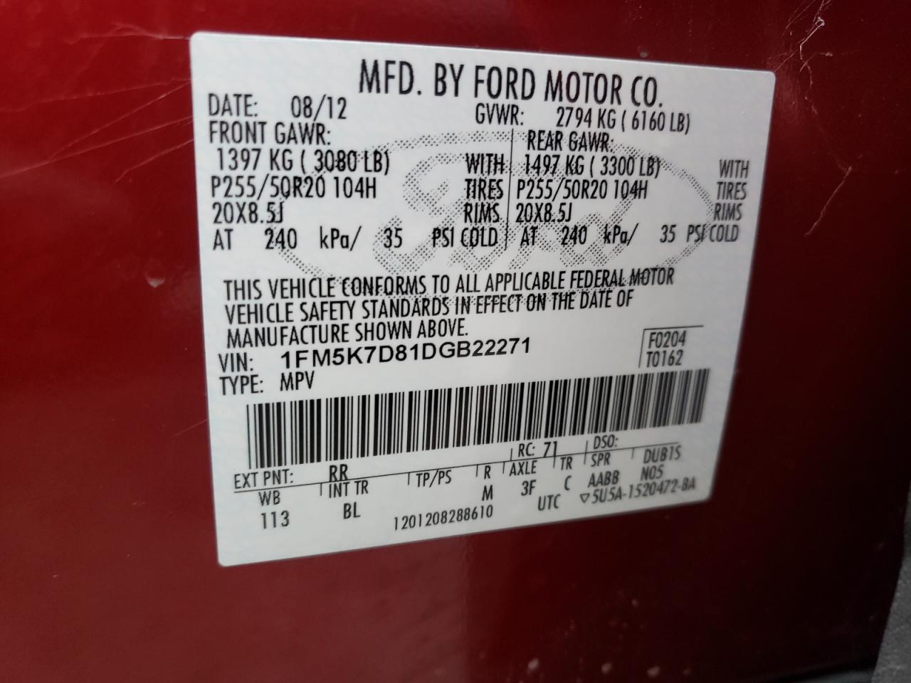 Photo 10 from auction – 2013 FORD EXPLORER X with VIN 1FM5K7D81DGB22271