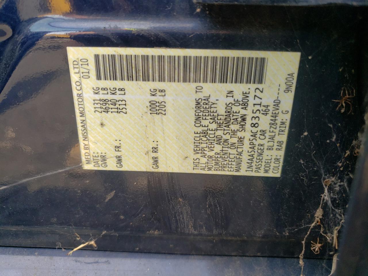 Photo 10 from auction – 2010 NISSAN MAXIMA S with VIN 1N4AA5AP5AC835172