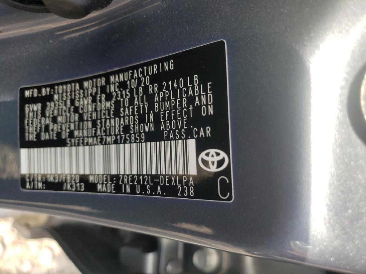Photo 10 from auction – 2021 TOYOTA COROLLA LE with VIN 5YFEPMAE7MP175859
