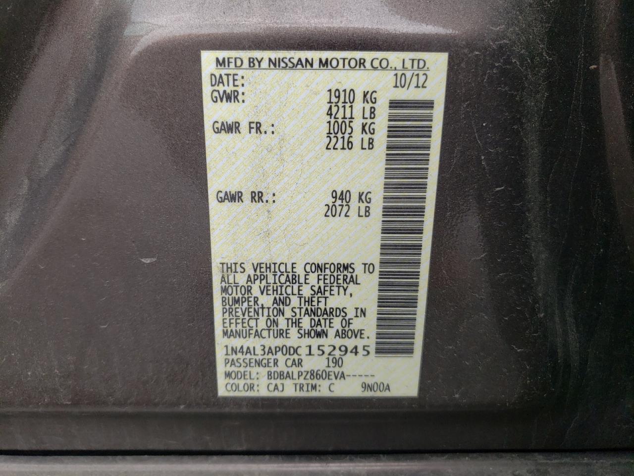 Photo 10 from auction – 2013 NISSAN ALTIMA 2.5 with VIN 1N4AL3AP0DC152945