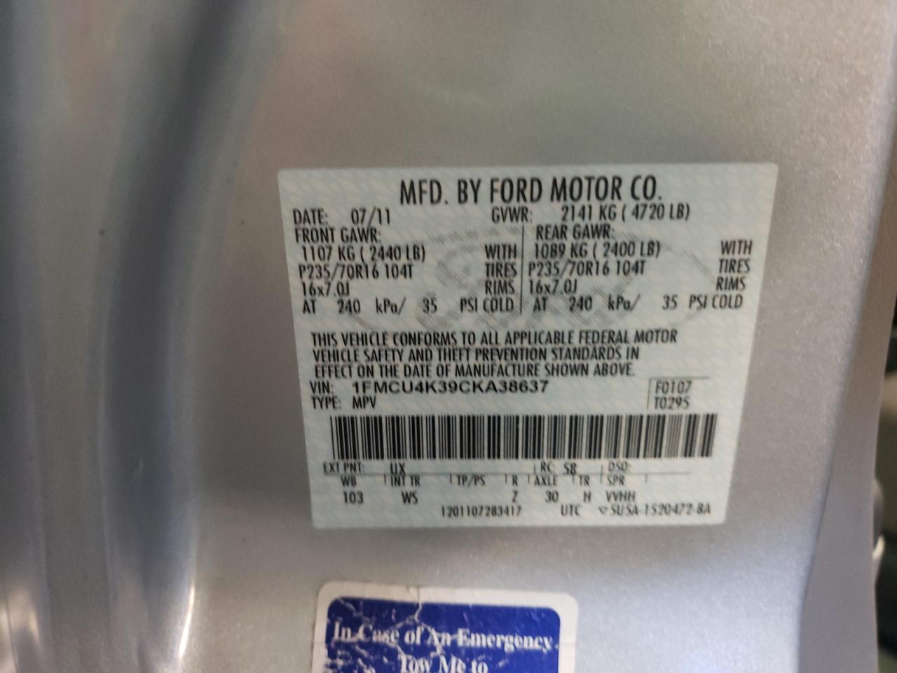 Photo 10 from auction – 2012 FORD ESCAPE HYB with VIN 1FMCU4K39CKA38637