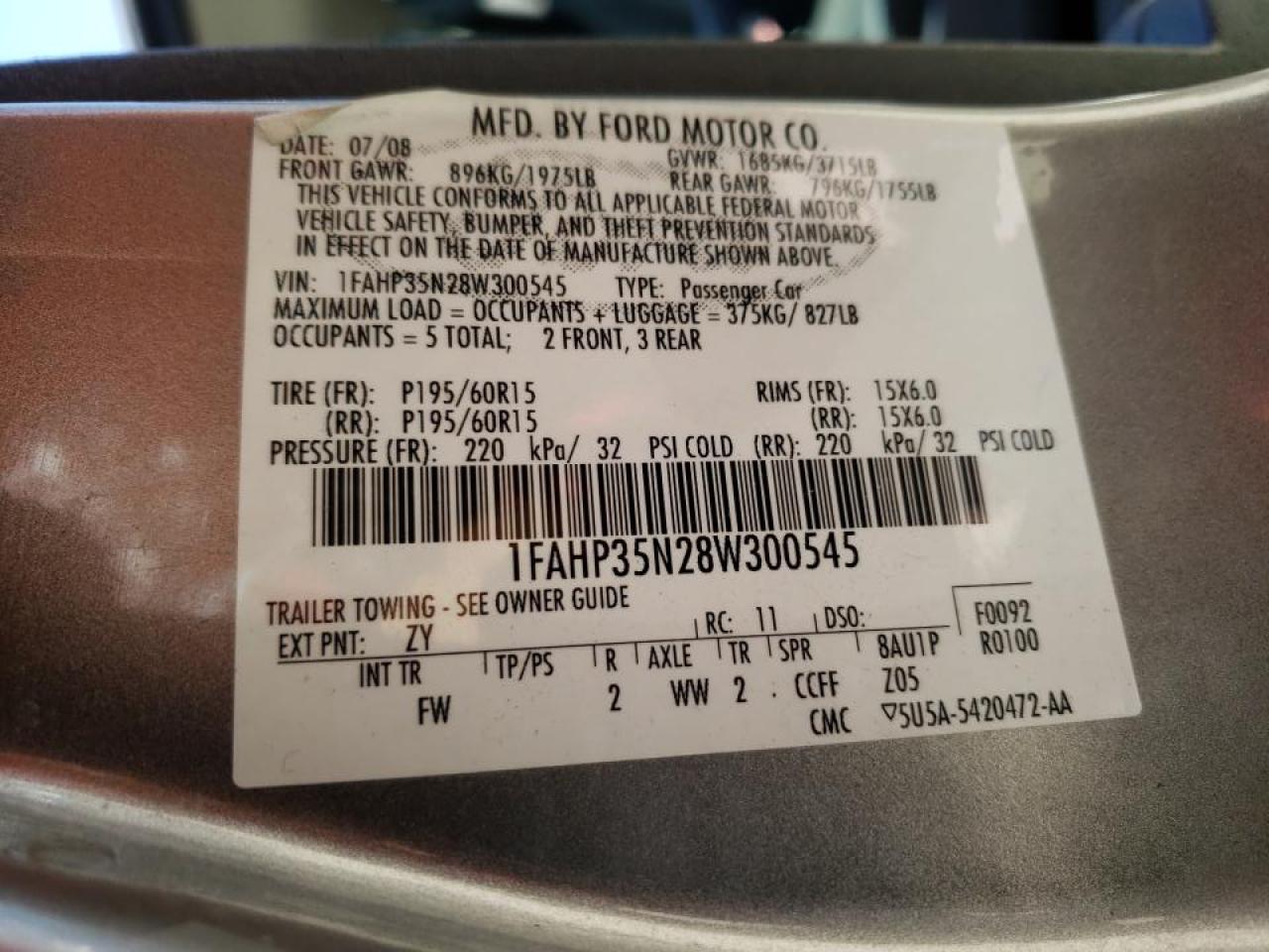 Photo 10 from auction – 2008 FORD FOCUS SE with VIN 1FAHP35N28W300545