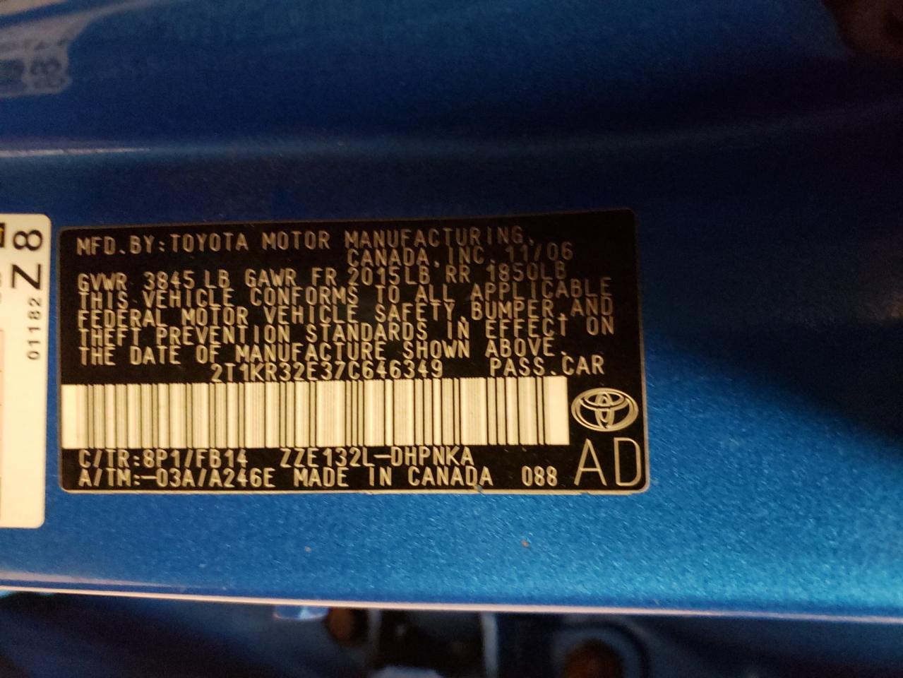 Photo 10 from auction – 2007 TOYOTA COROLLA MA with VIN 2T1KR32E37C646349