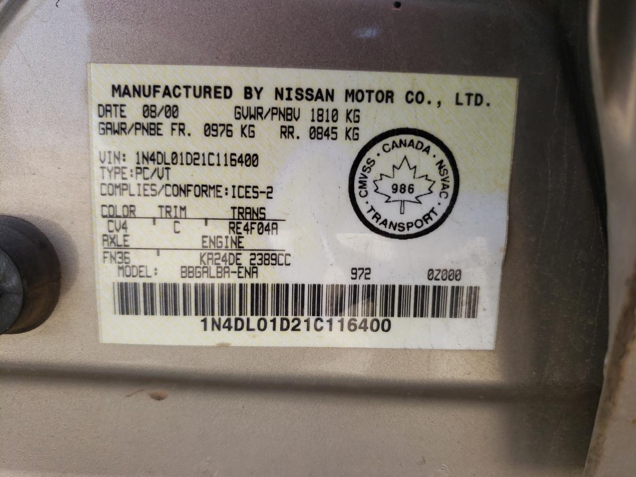 Photo 10 from auction – 2001 NISSAN ALTIMA XE with VIN 1N4DL01D21C116400