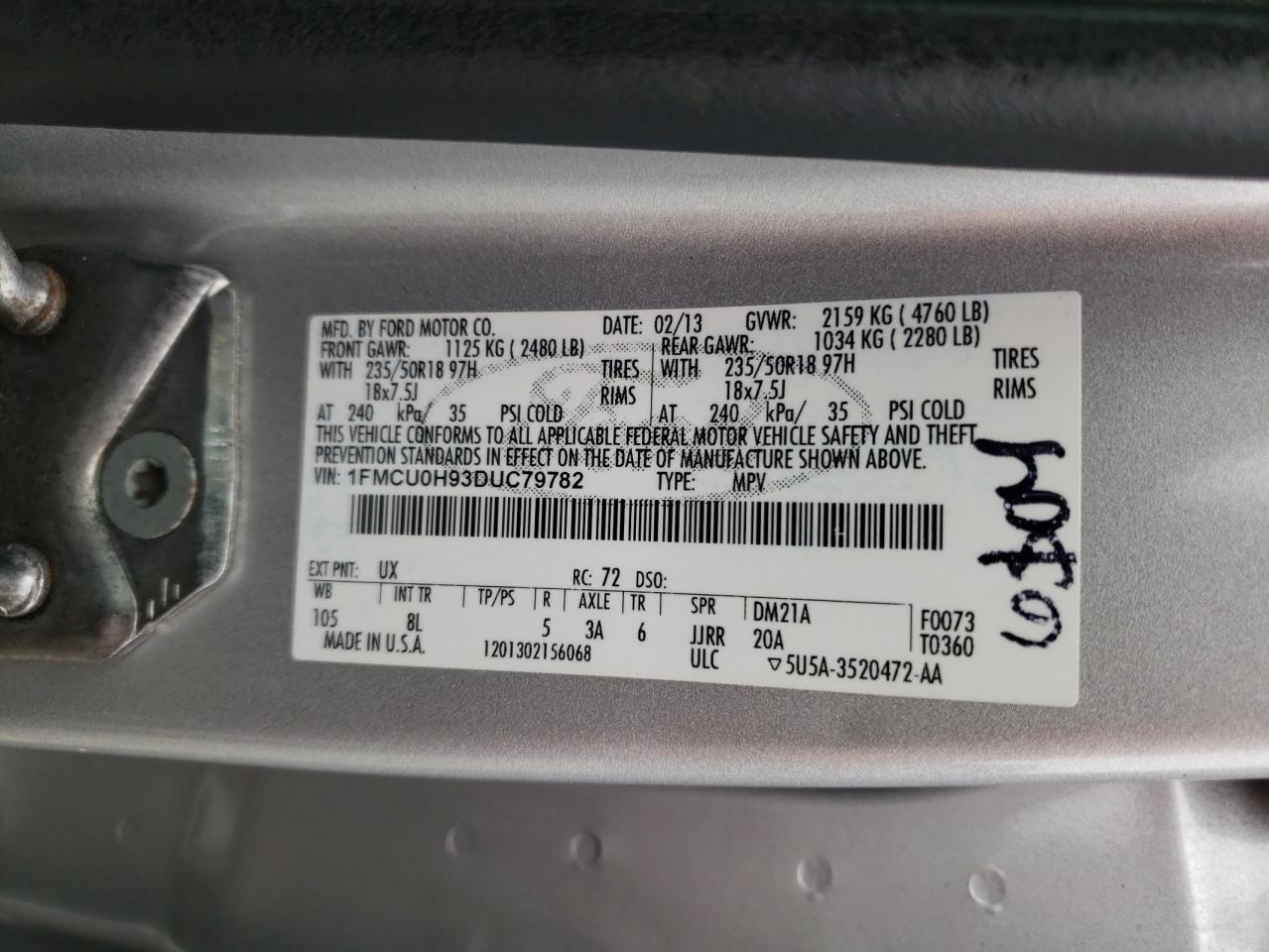 Photo 10 from auction – 2013 FORD ESCAPE SEL with VIN 1FMCU0H93DUC79782