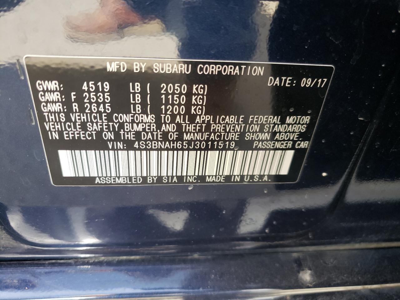 Photo 10 from auction – 2018 SUBARU LEGACY with VIN 4S3BNAH65J3011519