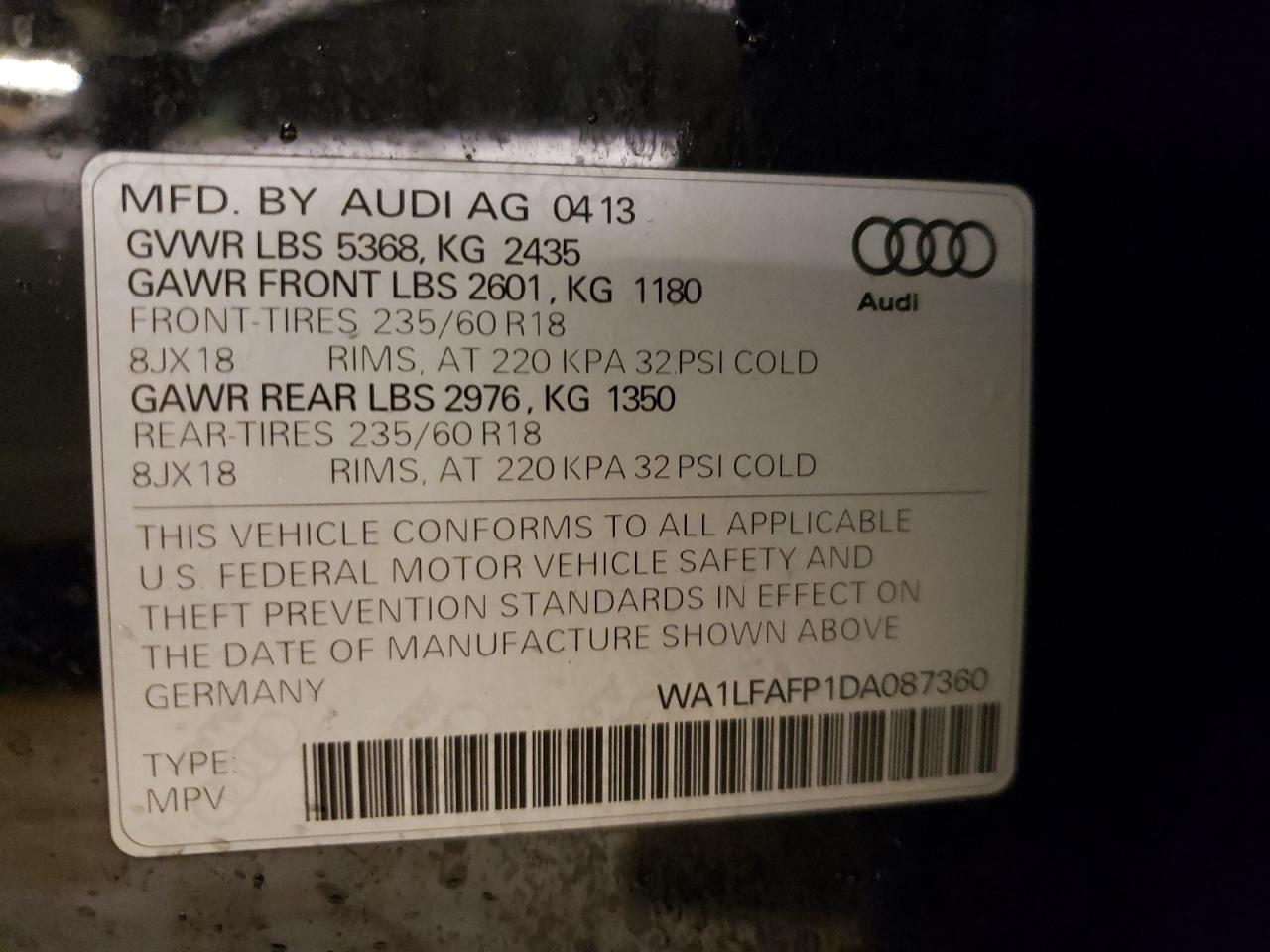 Photo 10 from auction – 2013 AUDI Q5 PREMIUM with VIN WA1LFAFP1DA087360
