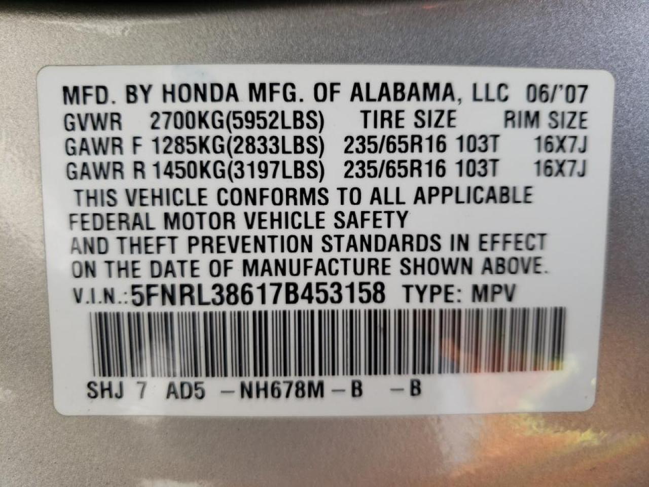 Photo 10 from auction – 2007 HONDA ODYSSEY EX with VIN 5FNRL38617B453158