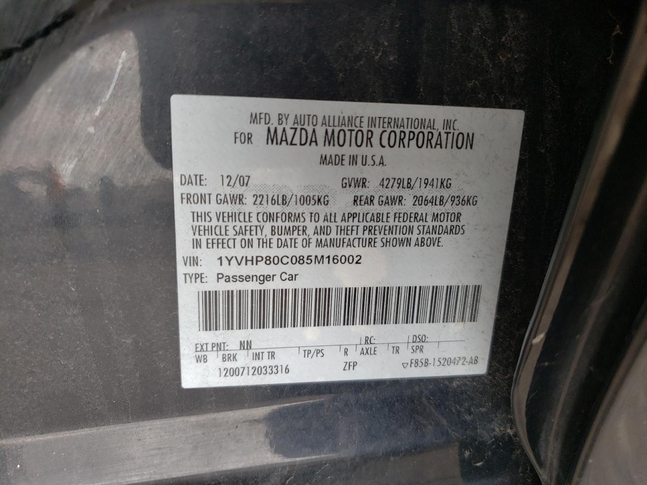Photo 10 from auction – 2008 MAZDA 6 I with VIN 1YVHP80C085M16002
