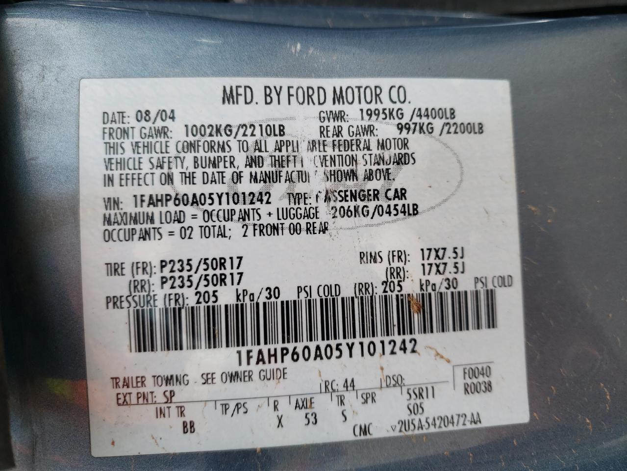 Photo 10 from auction – 2005 FORD THUNDERBIR with VIN 1FAHP60A05Y101242