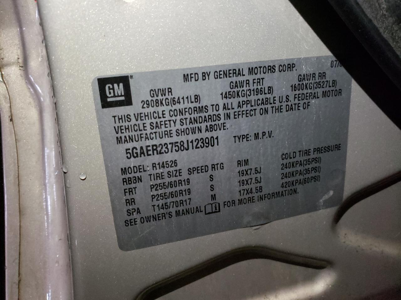 Photo 10 from auction – 2008 BUICK ENCLAVE CX with VIN 5GAER23758J123901