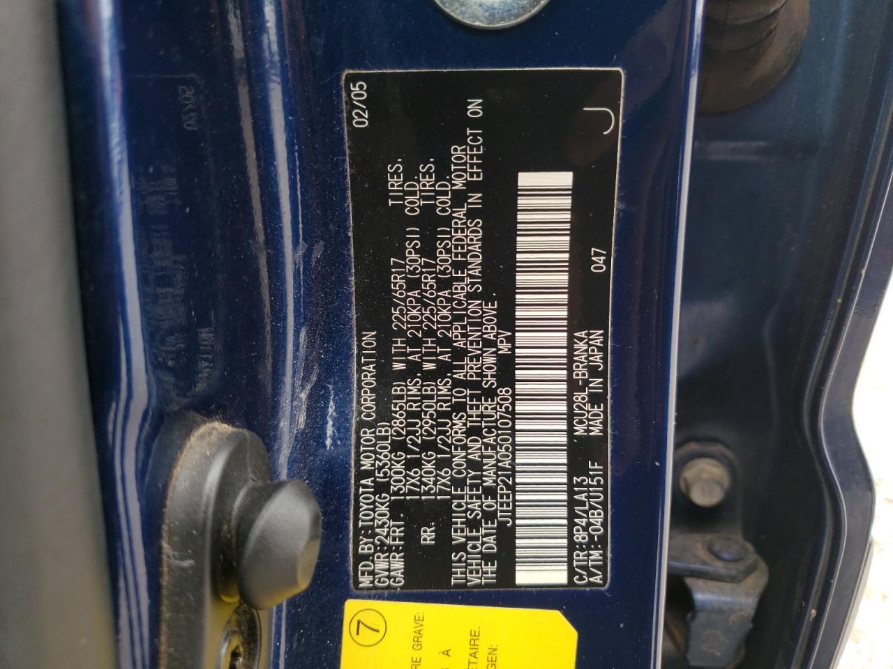 Photo 10 from auction – 2005 TOYOTA HIGHLANDER with VIN JTEEP21A050107508