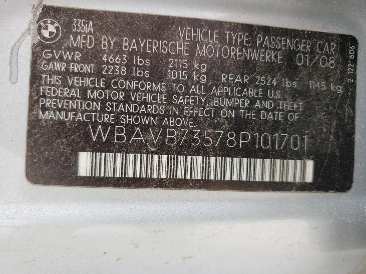 Photo 10 from auction – 2008 BMW 335 I with VIN WBAVB73578P101701