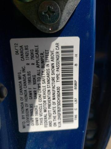Photo 10 from auction – 2012 HONDA CIVIC LX with VIN 2HGFB2F50CH560430