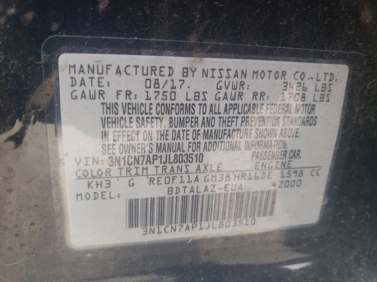 Photo 10 from auction – 2018 NISSAN VERSA S with VIN 3N1CN7AP1JL803510