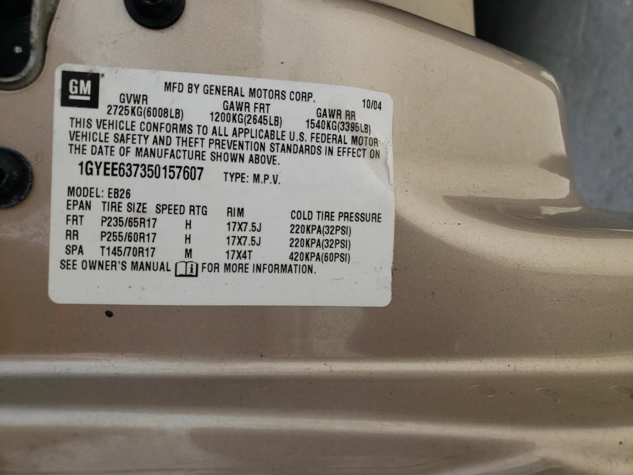 Photo 10 from auction – 2005 CADILLAC SRX with VIN 1GYEE637350157607