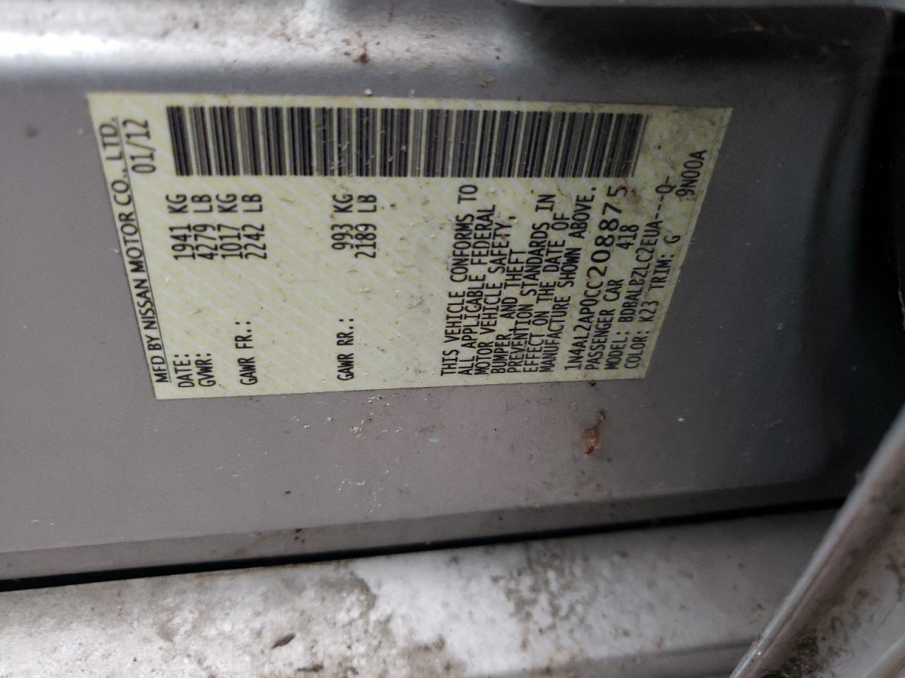 Photo 11 from auction – 2012 NISSAN ALTIMA BAS with VIN 1N4AL2AP0CC208875