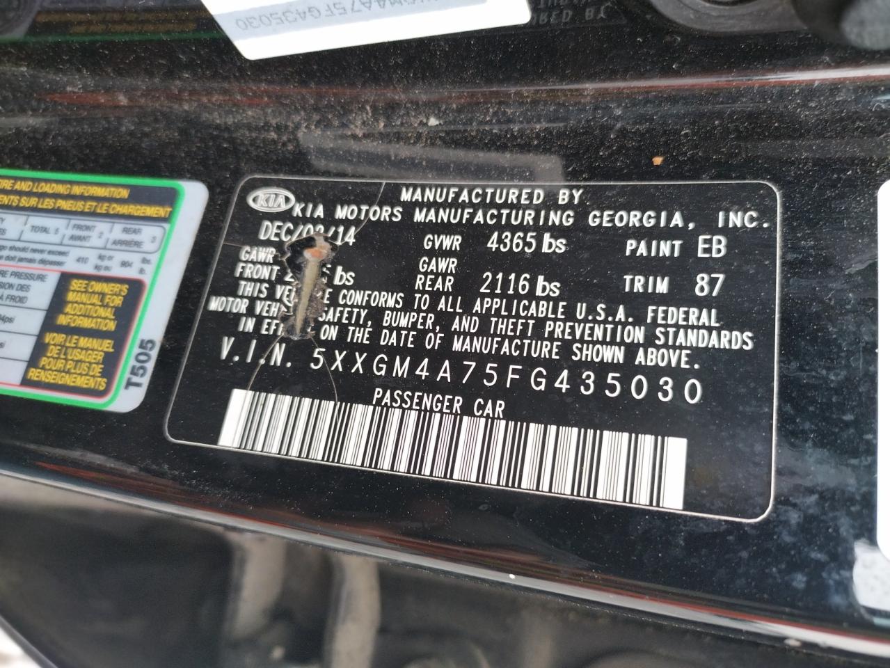 Photo 10 from auction – 2015 KIA OPTIMA LX with VIN 5XXGM4A75FG435030