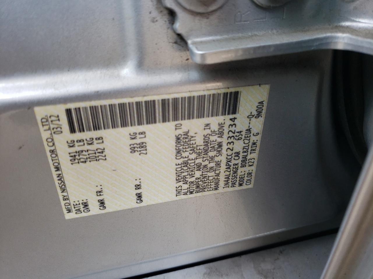 Photo 10 from auction – 2012 NISSAN ALTIMA BAS with VIN 1N4AL2APXCC233234