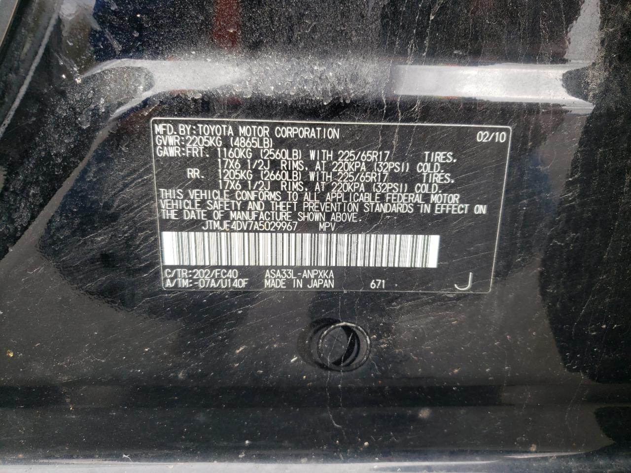 Photo 10 from auction – 2010 TOYOTA RAV4 with VIN JTMJF4DV7A5029967