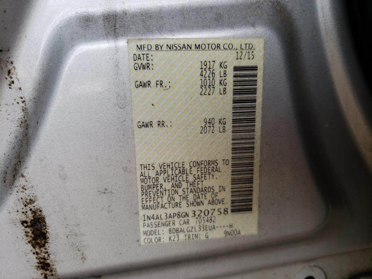 Photo 10 from auction – 2016 NISSAN ALTIMA 2.5 with VIN 1N4AL3AP8GN320758