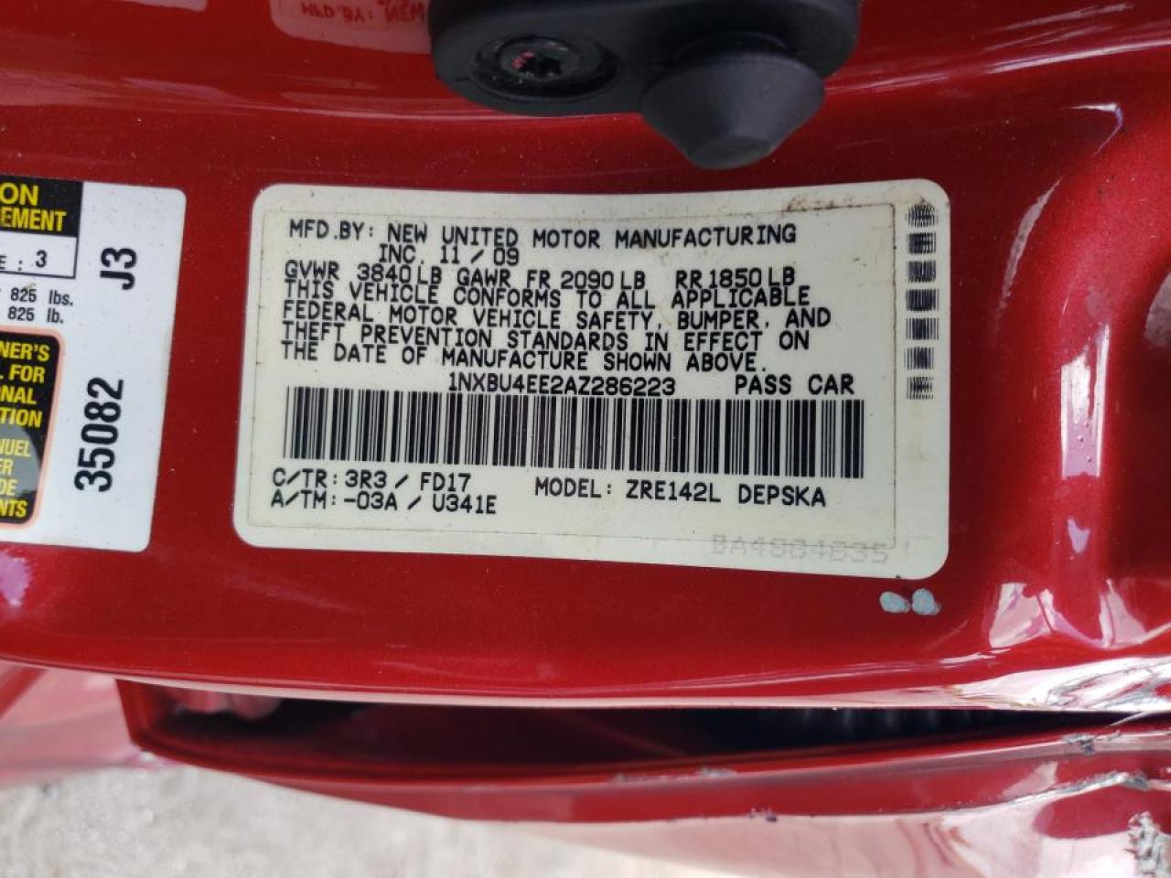 Photo 10 from auction – 2010 TOYOTA COROLLA BA with VIN 1NXBU4EE2AZ286223