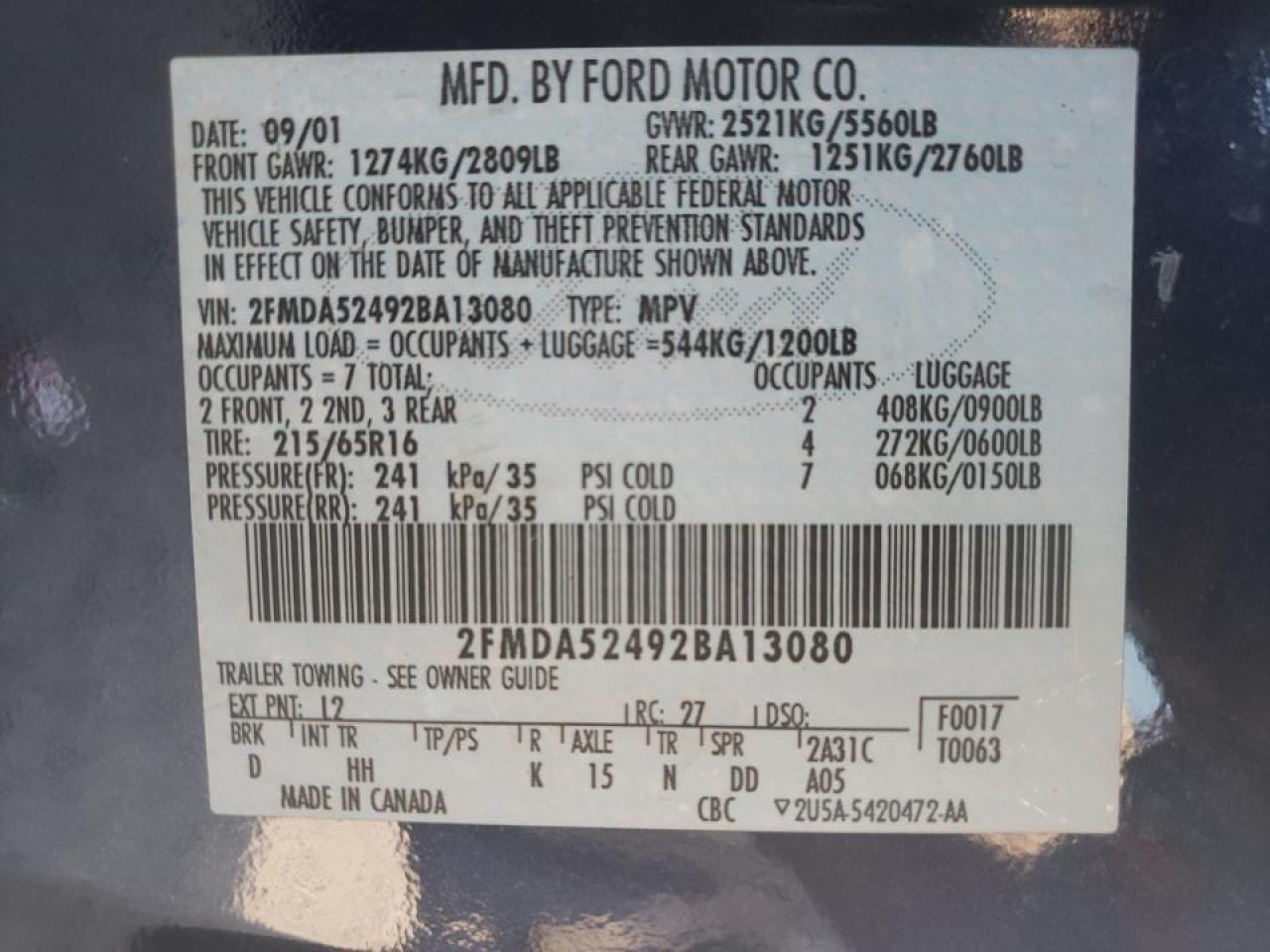 Photo 10 from auction – 2002 FORD WINDSTAR S with VIN 2FMDA52492BA13080