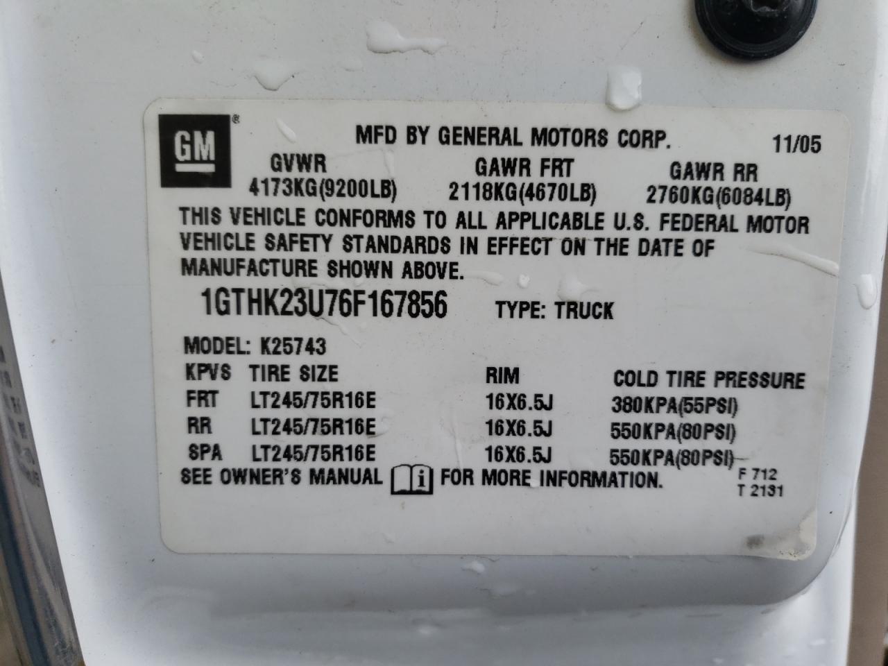 Photo 10 from auction – 2006 GMC SIERRA K25 with VIN 1GTHK23U76F167856