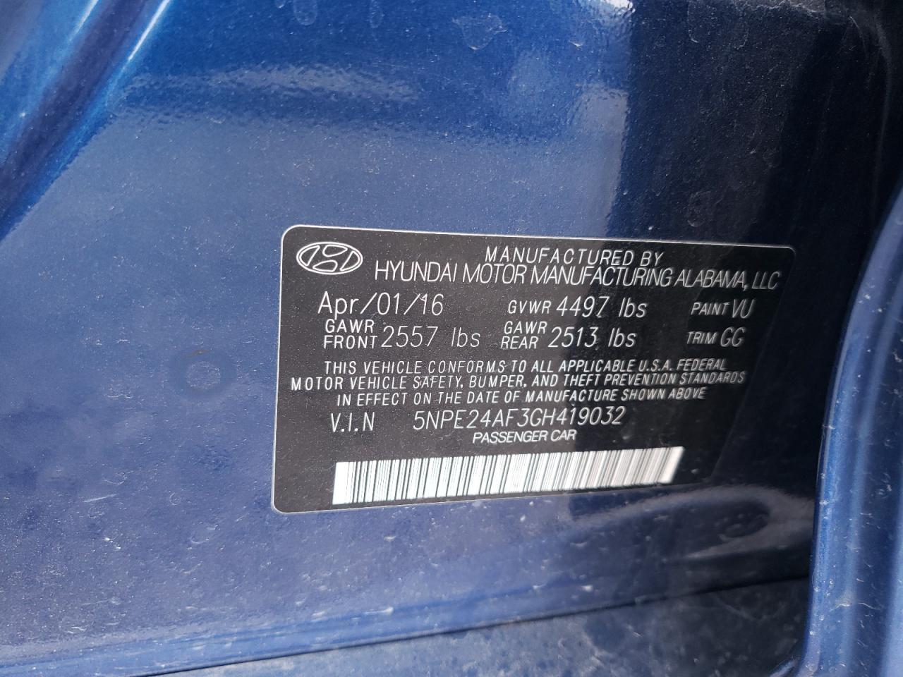 Photo 10 from auction – 2016 HYUNDAI SONATA SE with VIN 5NPE24AF3GH419032