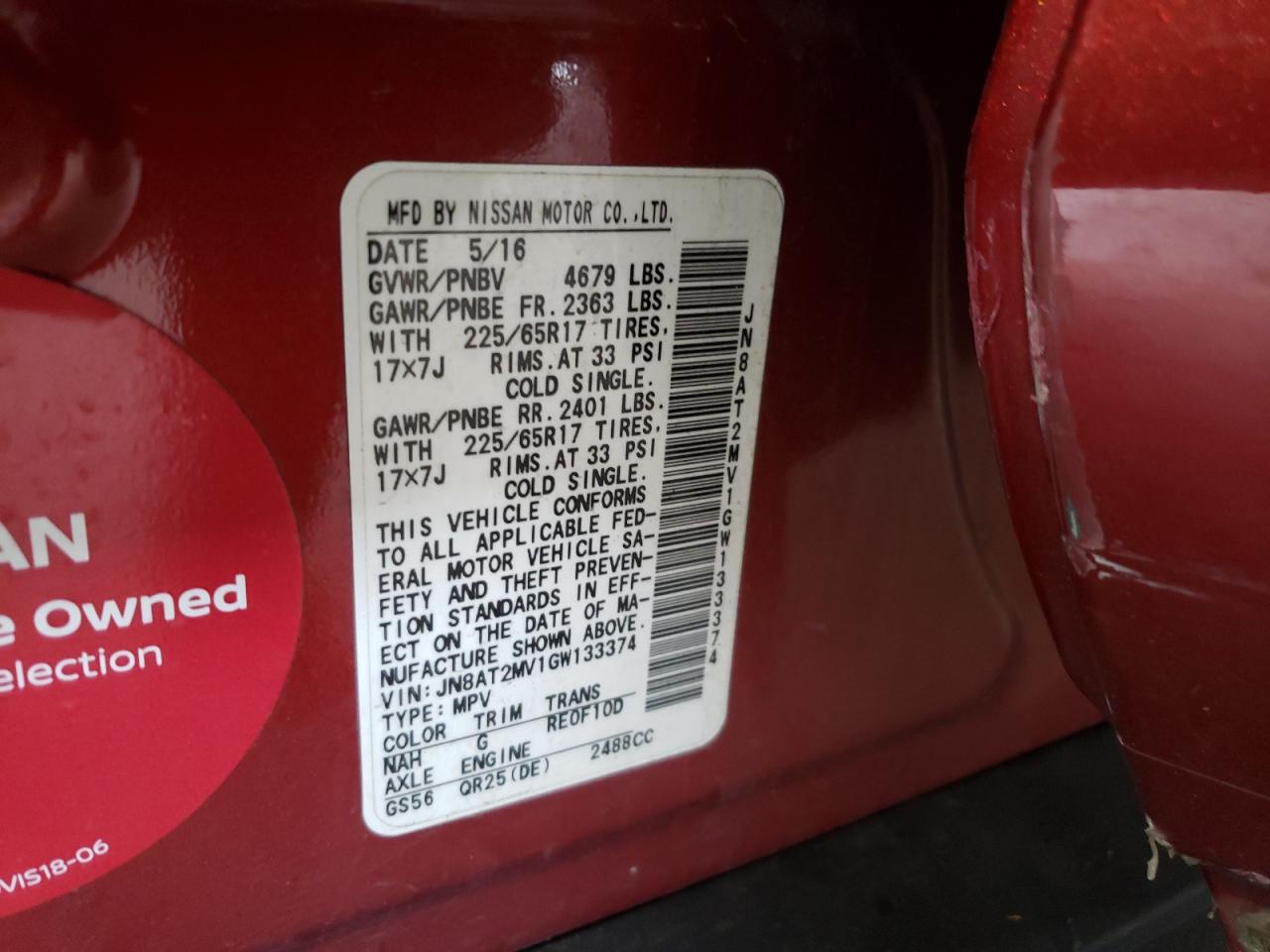 Photo 10 from auction – 2016 NISSAN ROGUE S with VIN JN8AT2MV1GW133374