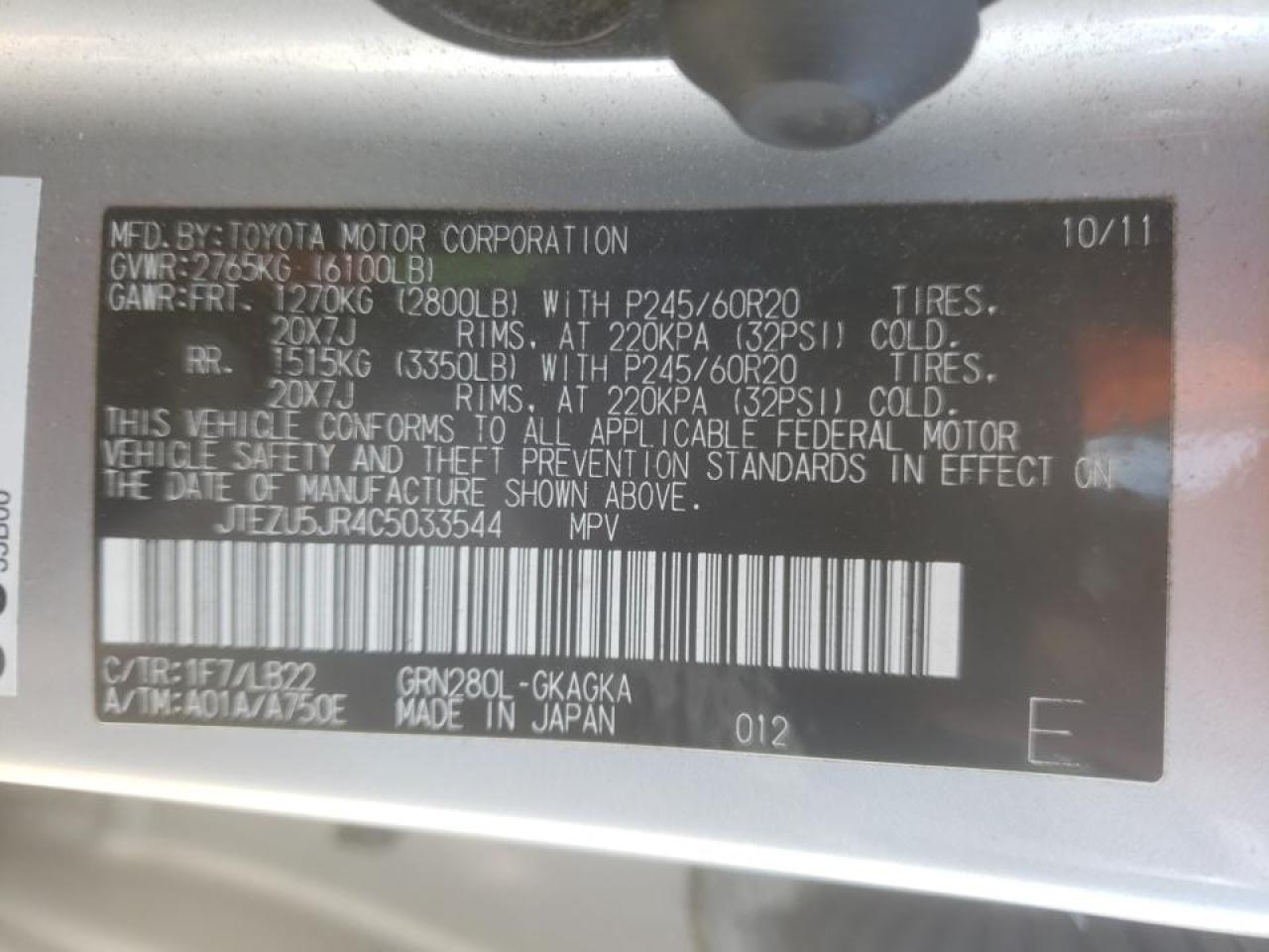 Photo 10 from auction – 2012 TOYOTA 4RUNNER SR with VIN JTEZU5JR4C5033544