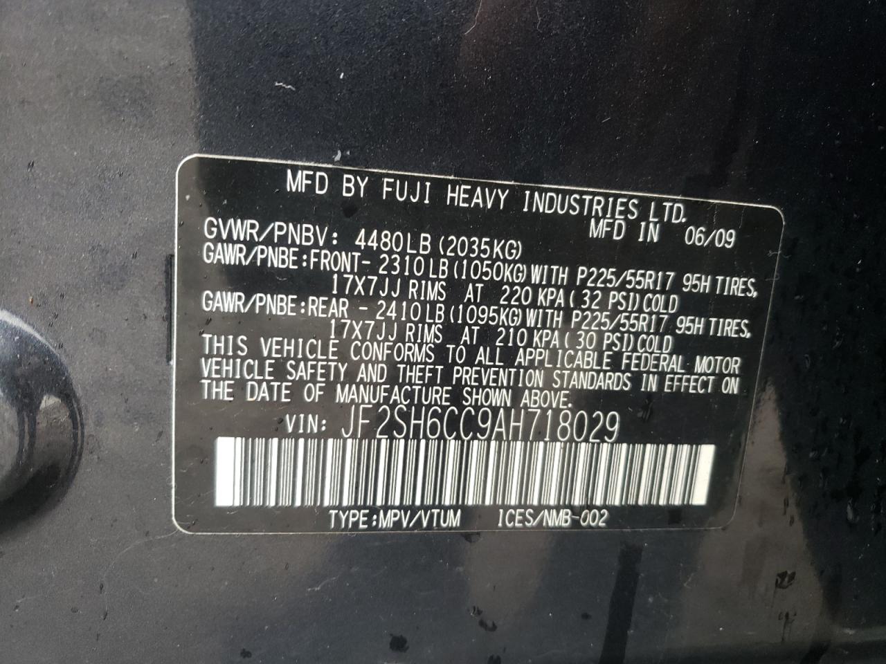 Photo 10 from auction – 2010 SUBARU FORESTER 2 with VIN JF2SH6CC9AH718029