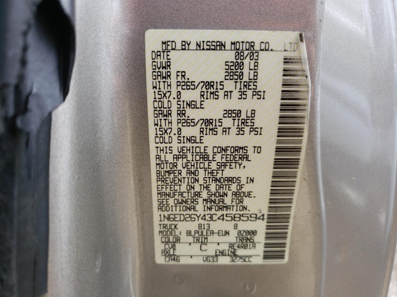 Photo 10 from auction – 2003 NISSAN FRONTIER K with VIN 1N6ED26Y43C458594