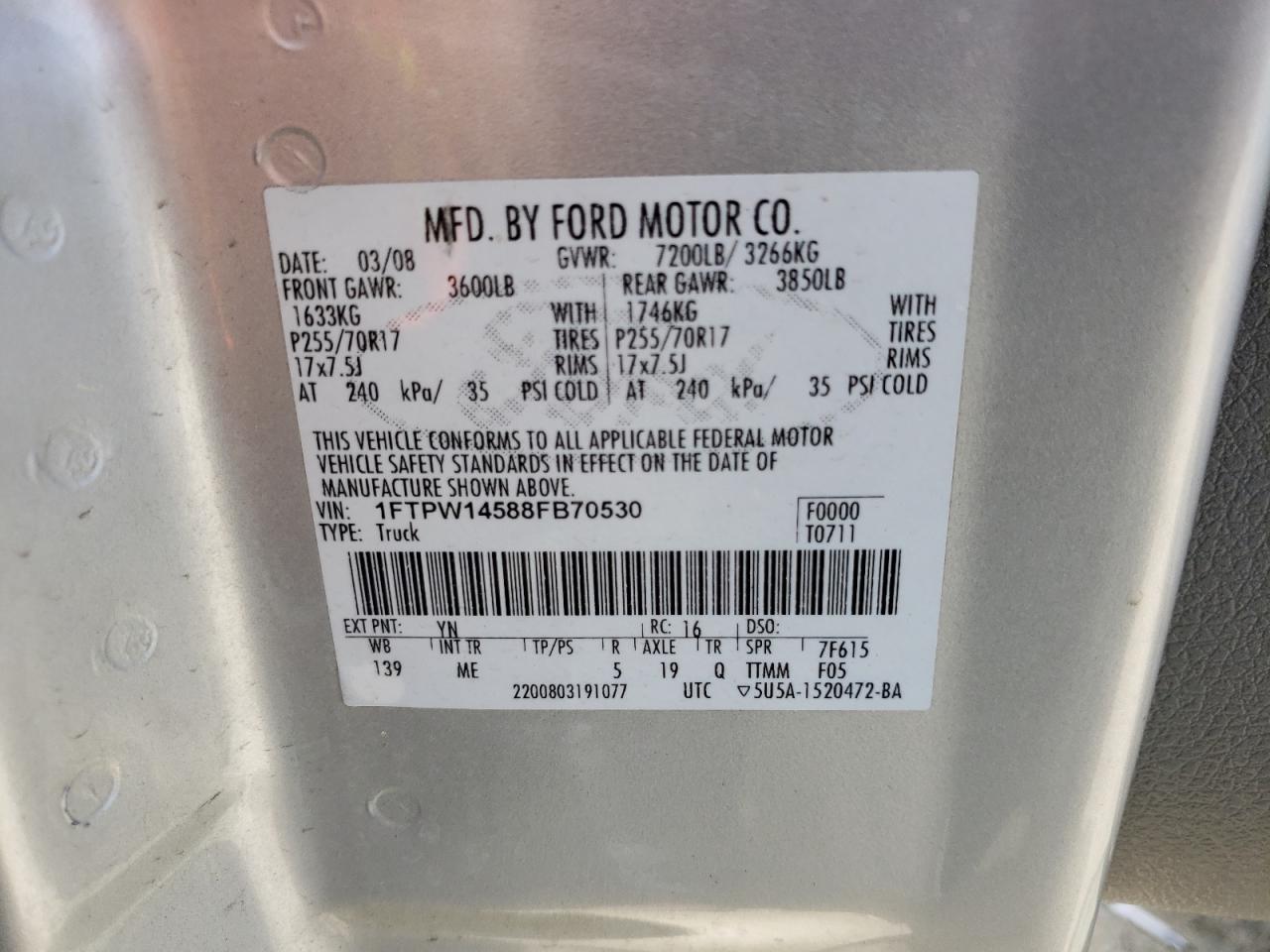 Photo 10 from auction – 2008 FORD F150 SUPER with VIN 1FTPW14588FB70530