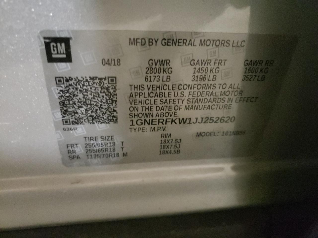 Photo 10 from auction – 2018 CHEVROLET TRAVERSE L with VIN 1GNERFKW1JJ252620