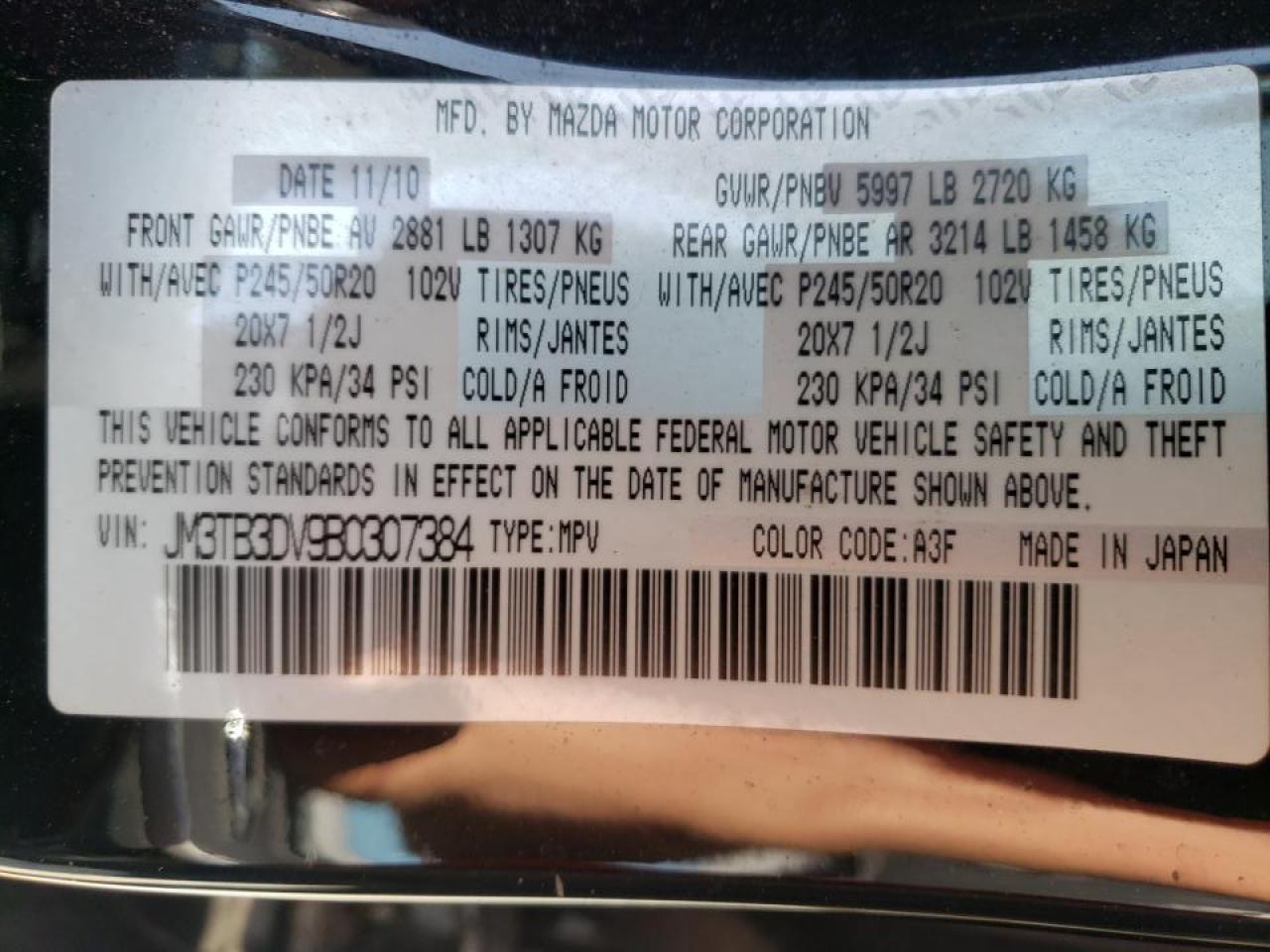 Photo 10 from auction – 2011 MAZDA CX-9 with VIN JM3TB3DV9B0307384