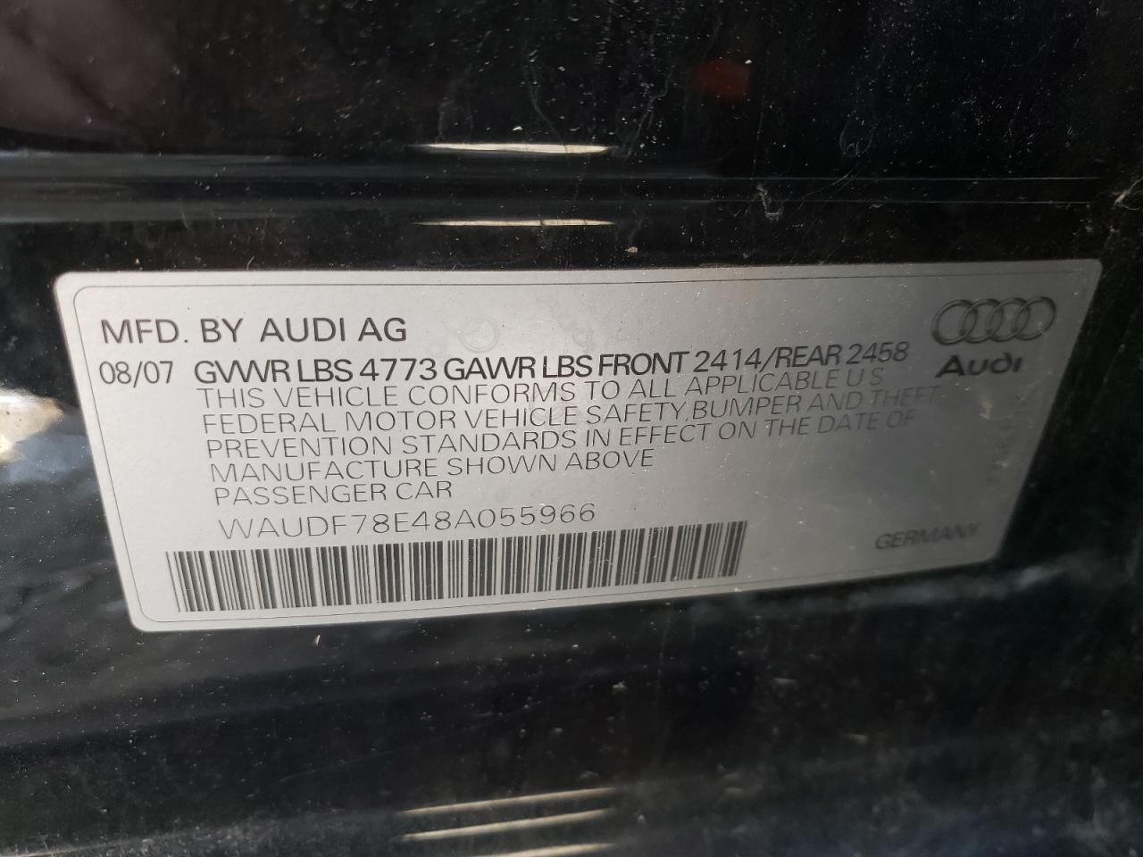 Photo 10 from auction – 2008 AUDI A4 2.0T QU with VIN WAUDF78E48A055966