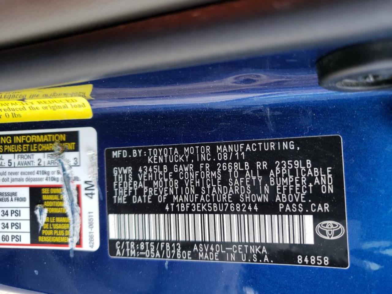 Foto 10 de la subasta – 2011 TOYOTA CAMRY BASE con VIN 4T1BF3EK5BU768244