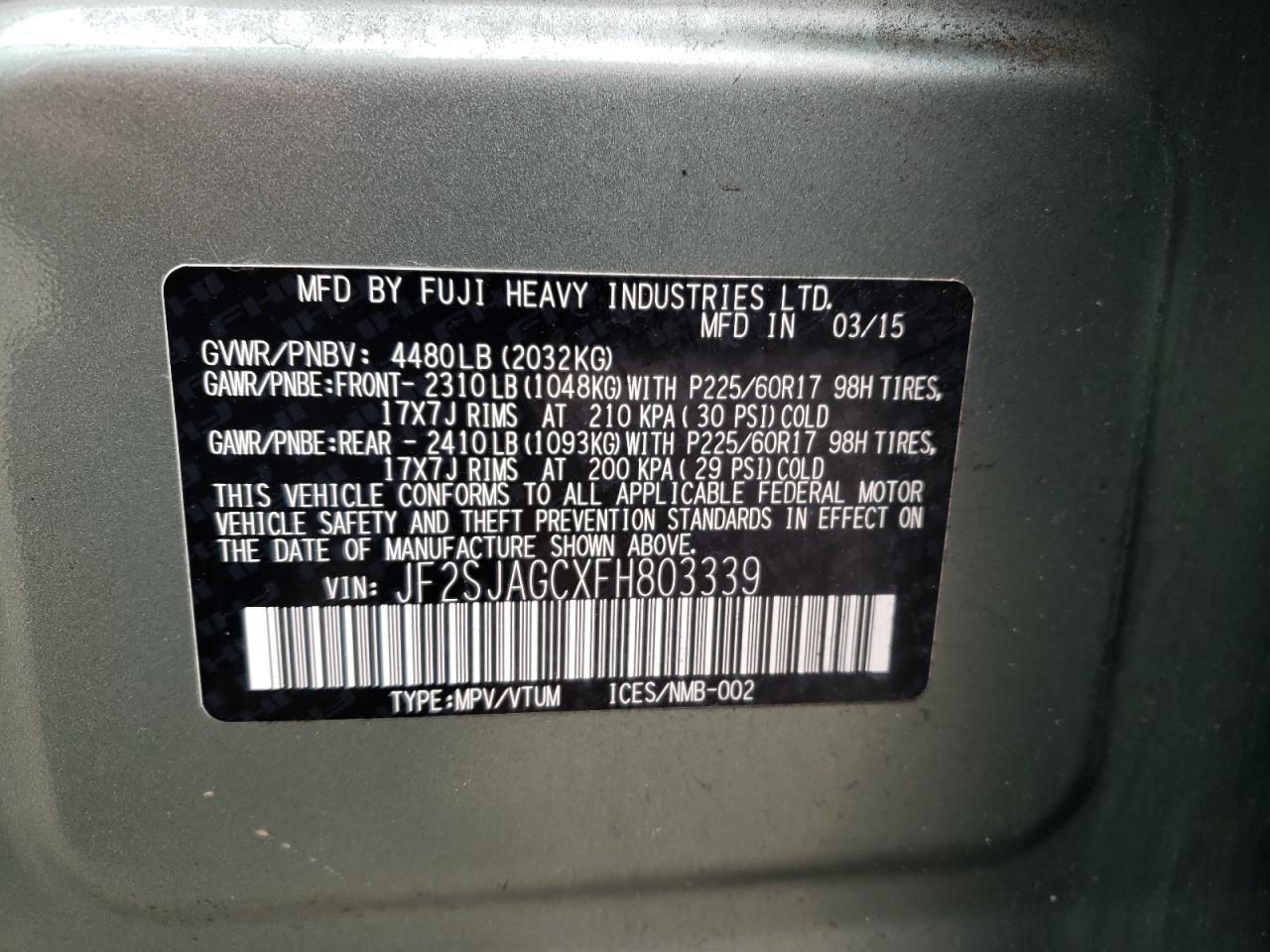Photo 10 from auction – 2015 SUBARU FORESTER 2 with VIN JF2SJAGCXFH803339