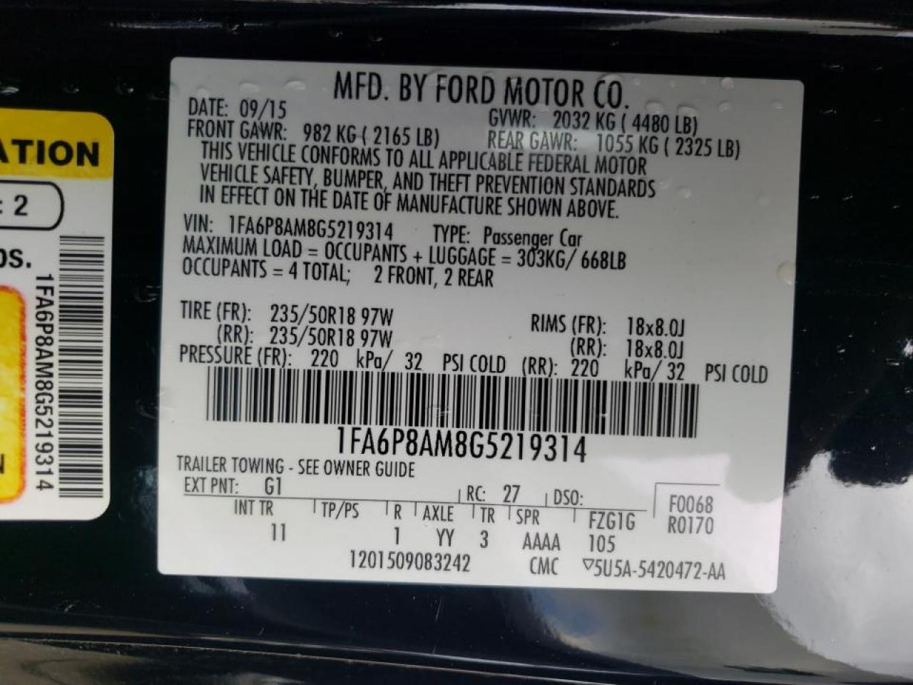 Photo 10 from auction – 2016 FORD MUSTANG with VIN 1FA6P8AM8G5219314