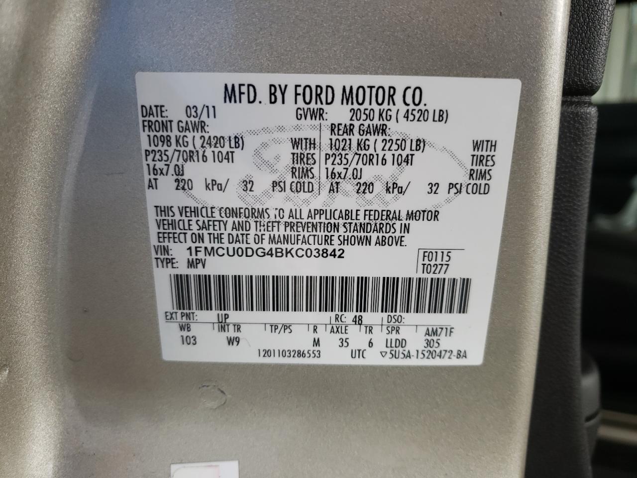 Photo 11 from auction – 2011 FORD ESCAPE XLT with VIN 1FMCU0DG4BKC03842
