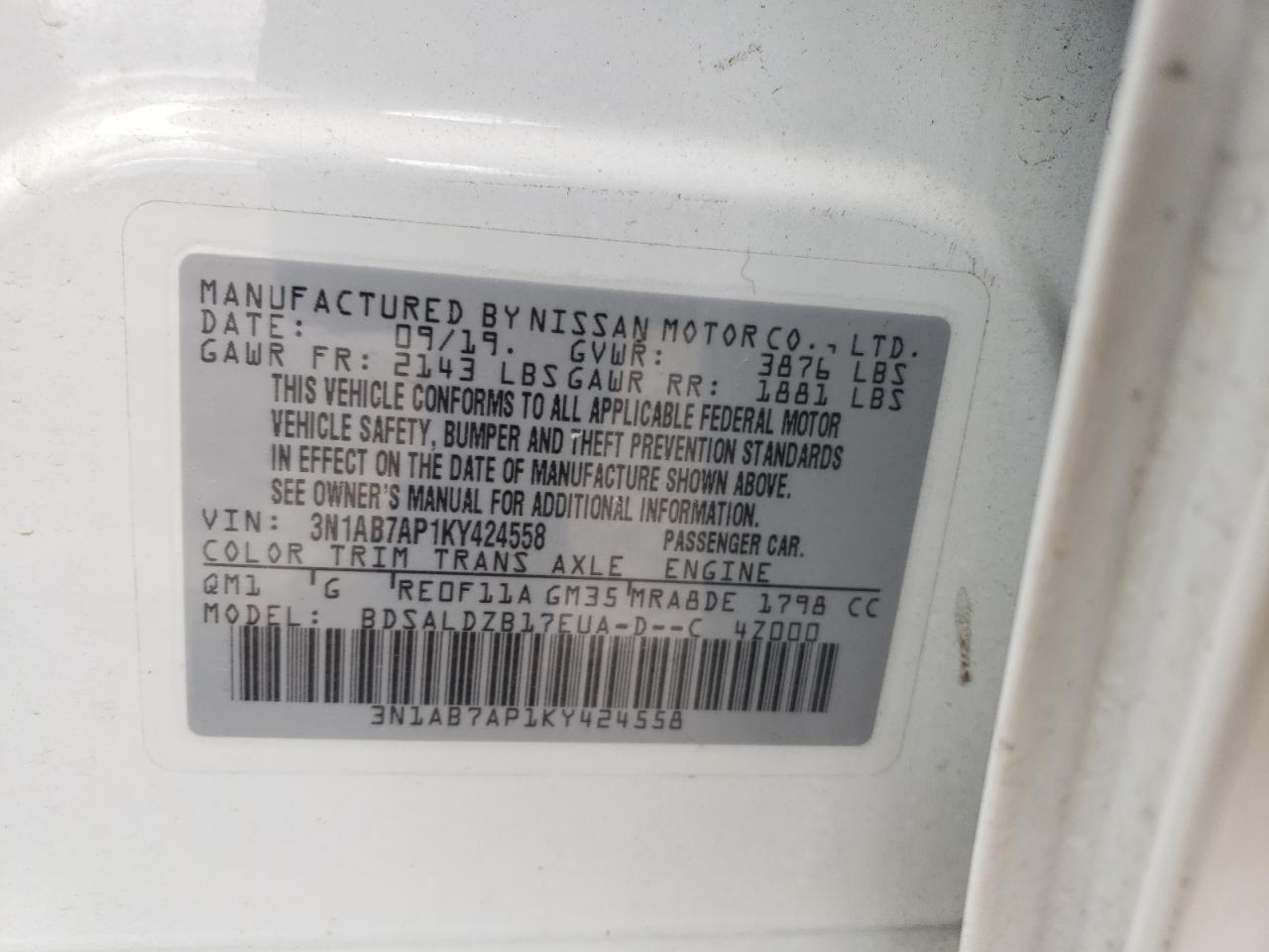 Photo 10 from auction – 2019 NISSAN SENTRA S with VIN 3N1AB7AP1KY424558