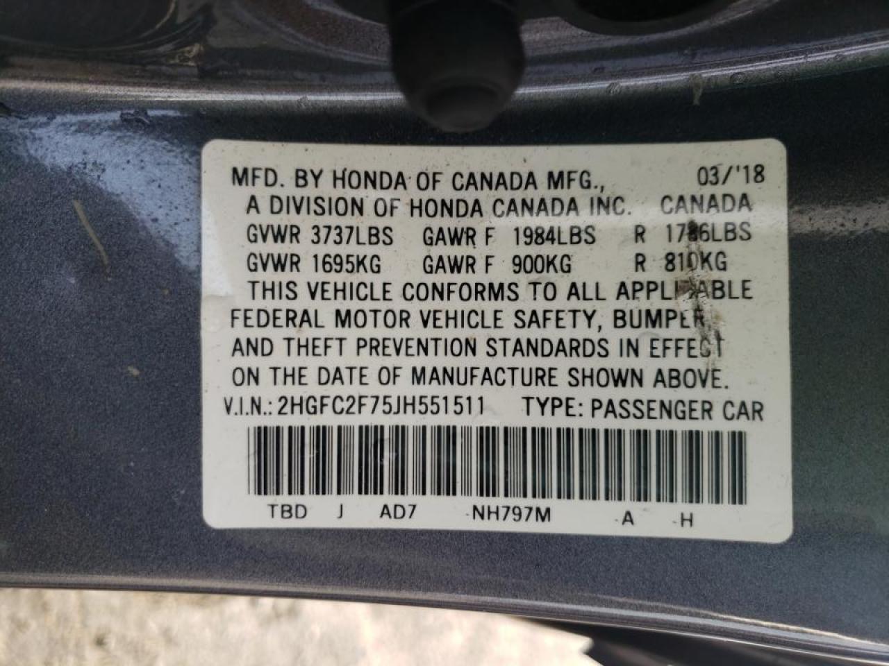 Photo 10 from auction – 2018 HONDA CIVIC EX with VIN 2HGFC2F75JH551511
